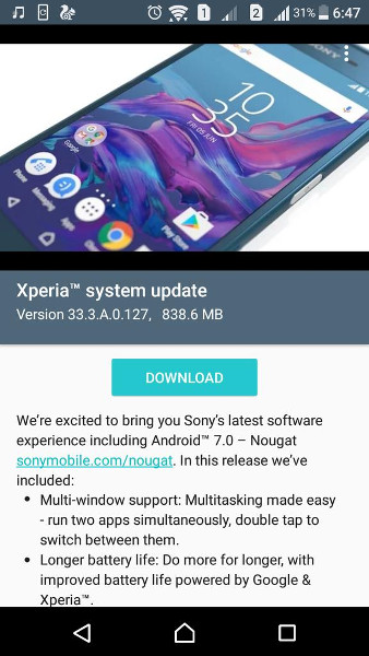 Sony Xperia XA 33.3.A.0.127 Android 7.0 Nougat update
