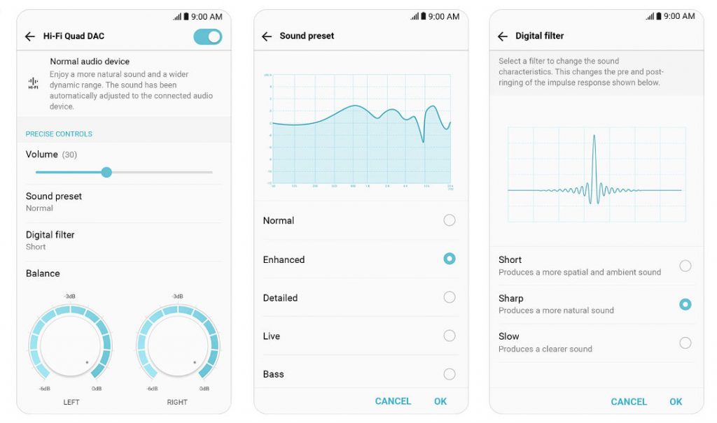 LG V30 Hi-Fi Quad DAC Sound preset, Digital filter