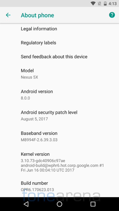 Nexus 5X about page Android 8.0 Oreo