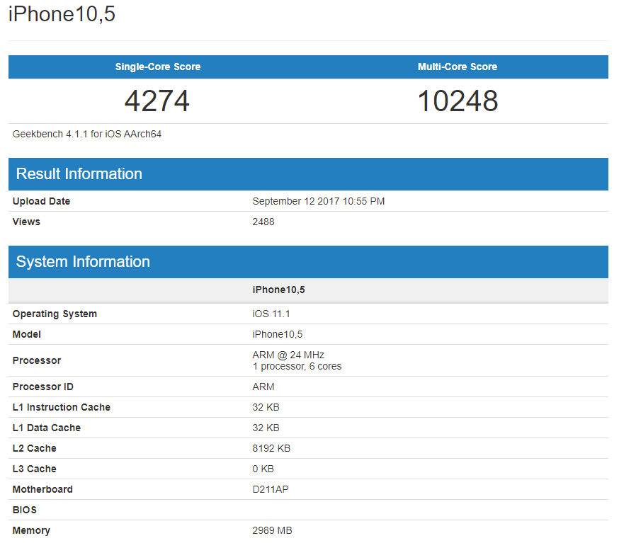 Apple iPhone 8 Plus Geekbench