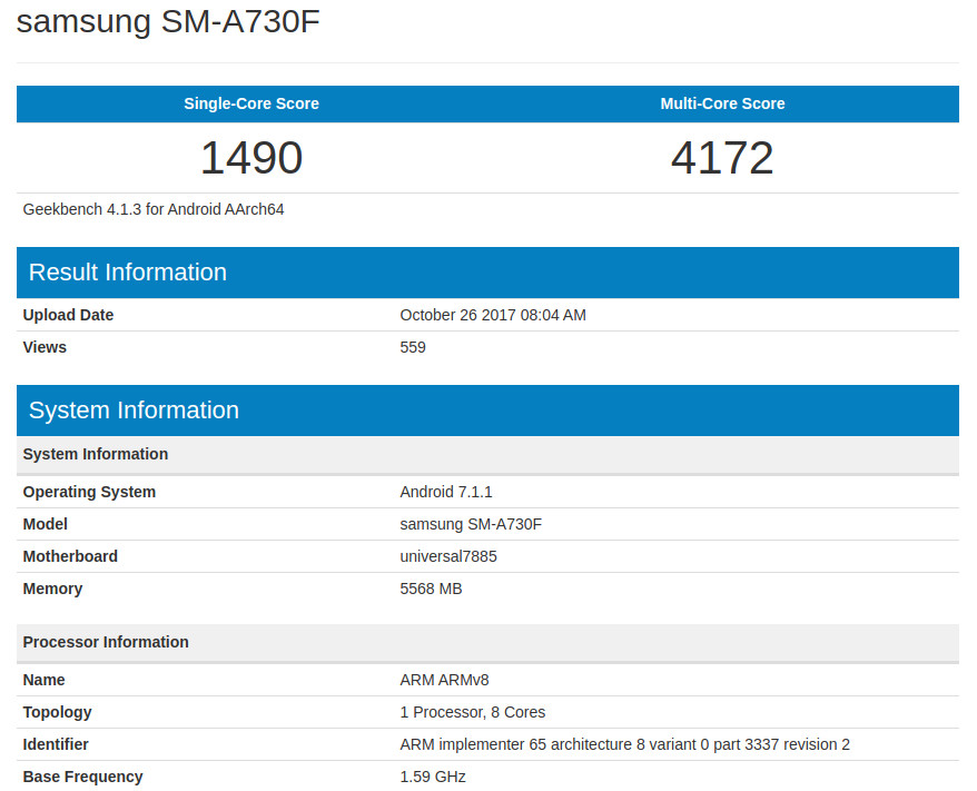 Samsung Galaxy A7 2018 SM-A730F Geekbench