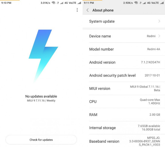 Xiaomi Redmi 4A Android 7.1.2 MIUI 9 Global Beta