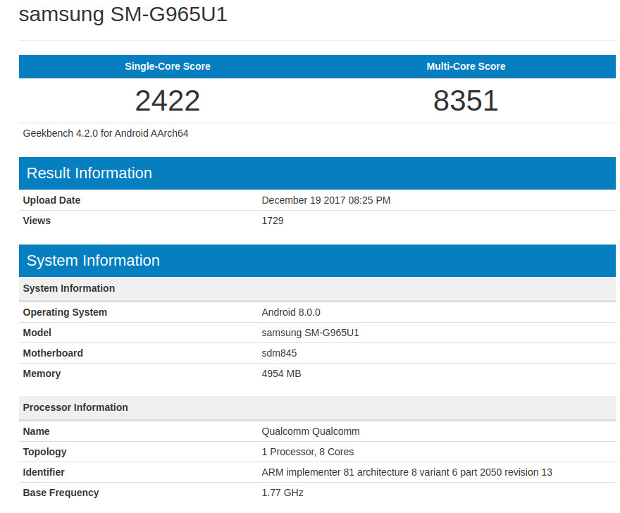 Samsung Galaxy S9 Plus Geekbench leak