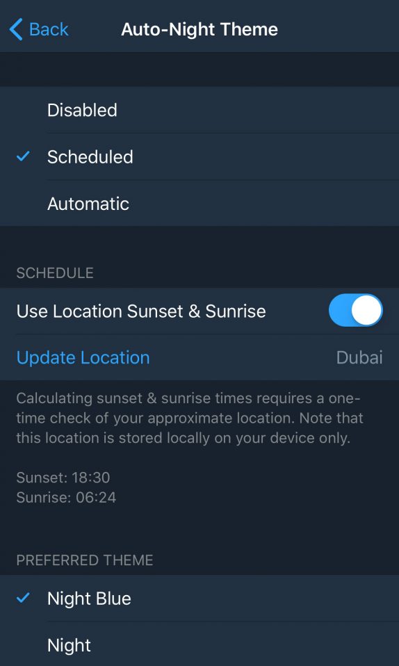 Telegram auto night mode