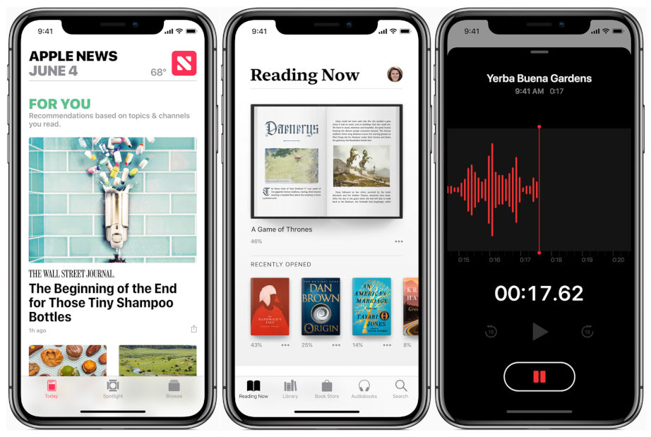 iOS 12 Apple News, Books, Voice Memo