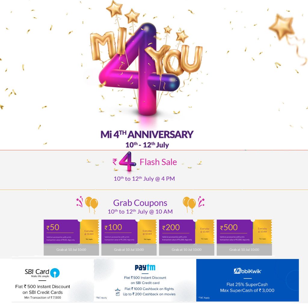 Xiaomi Mi 4th Anniversary sale from July 10 to 12 – Rs. 4 flash sale, coupons, discounts and more