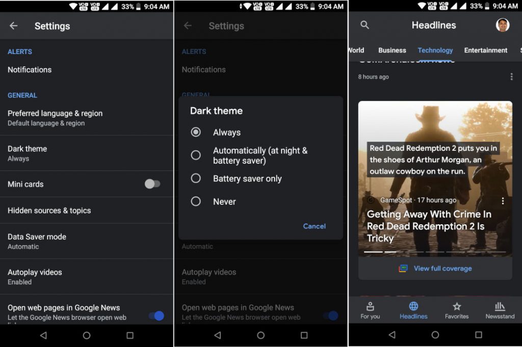 Google News v5.5 brings dark theme to the entire app