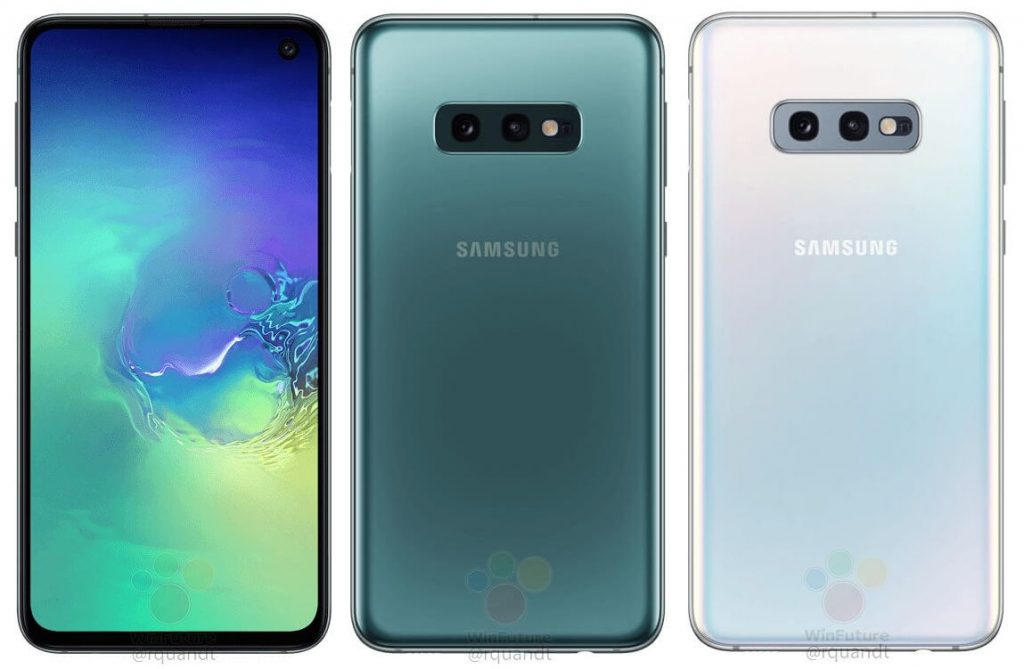 Samsung Galaxy S10e with 5.8-inch display with in-screen camera, side-mounted fingerprint sensor surfaces in renders
