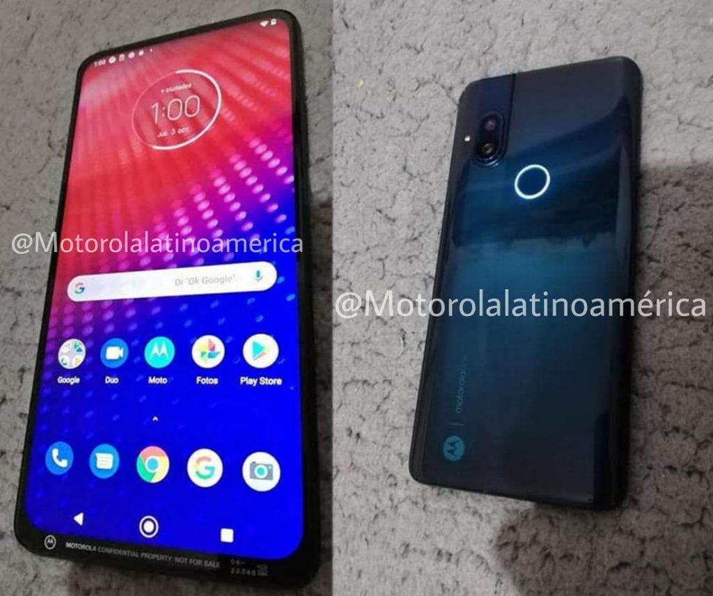 Motorola smartphone with no-notch display, pop-up camera, dual rear cameras surface in live images