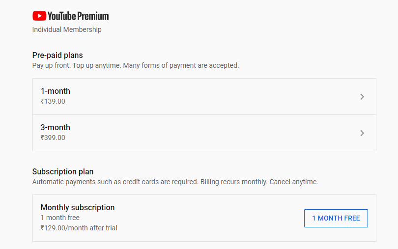 Youtube Premium And Music Premium Non Recurring Prepaid Plans Launched In India