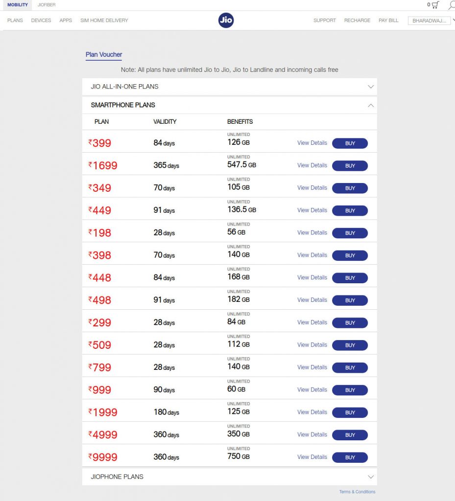 smartphone recharge plan jio