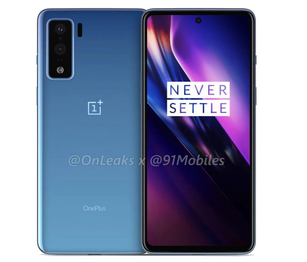 OnePlus 8 Lite with rectangular rear camera module, centered in-screen front camera surfaces