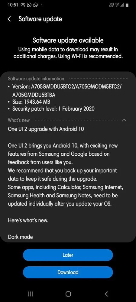 سامسونج Galaxy يبدأ تحديث A70 Android 10 OneUI 2.0 في الهند 1