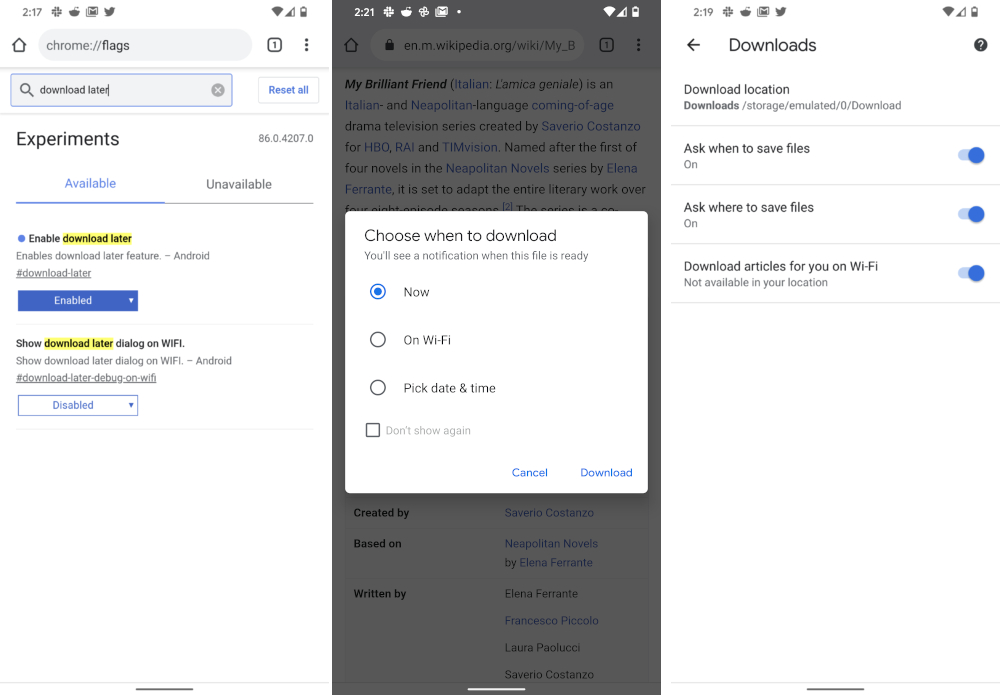 Google Chrome For Android Testing Ability To Schedule Download For Later