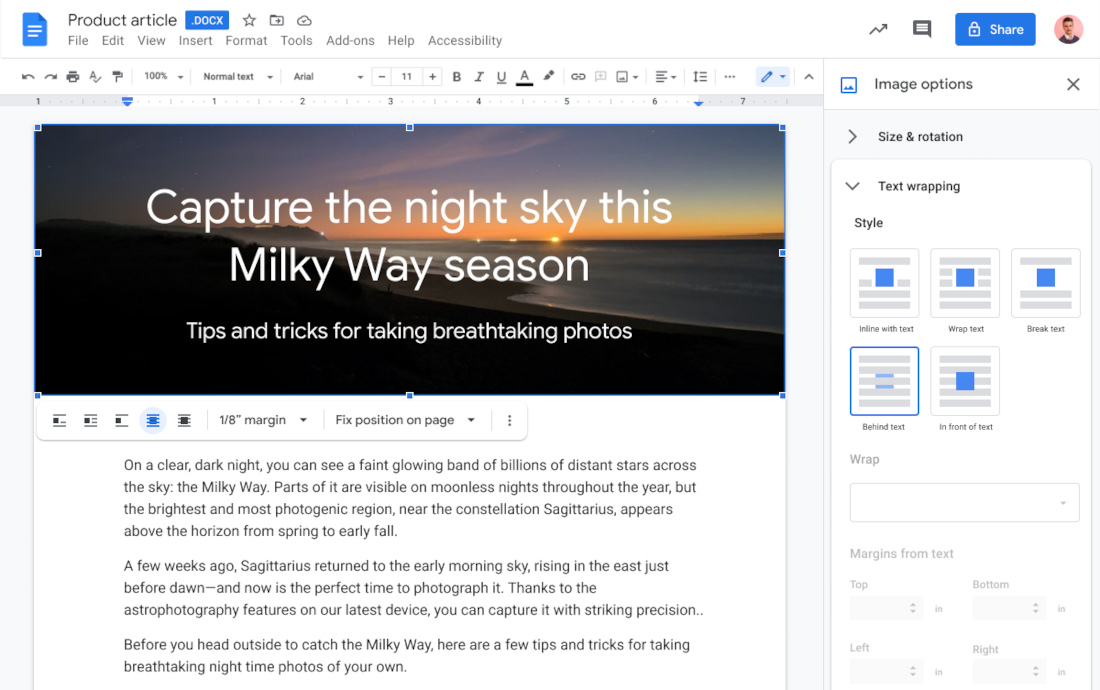 Google Docs now supports adding images with text above or behind it