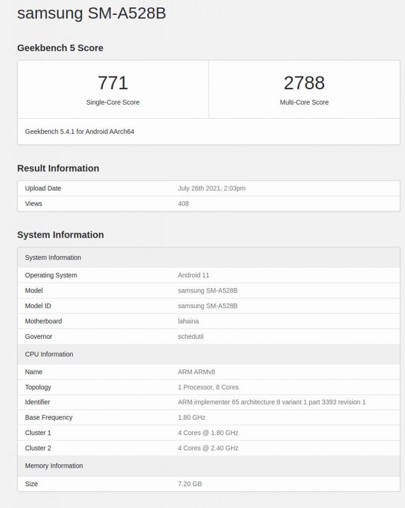 Geekbench 5 dari Galaxy A52s
