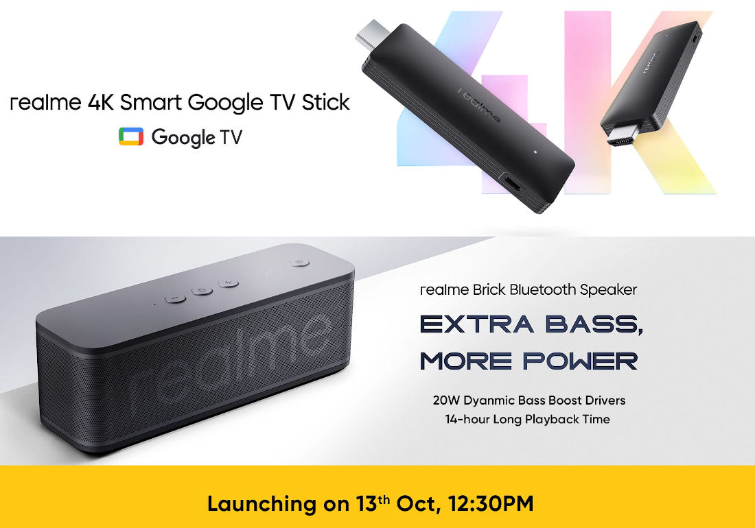 realme 4K Smart Google TV Stick, realme Brick Bluetooth Speaker, realme Buds Air 2 in Green and more launching in India on October 13