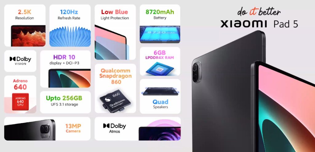 Xiaomi Pad 5, Qualcomm Snapdragon 860, 120Hz Refresh Rate