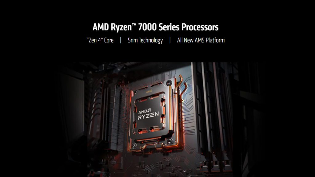 AM5 socket and Ryzen 7000 shown. Zen 4 capable of 5 GHz all-core 