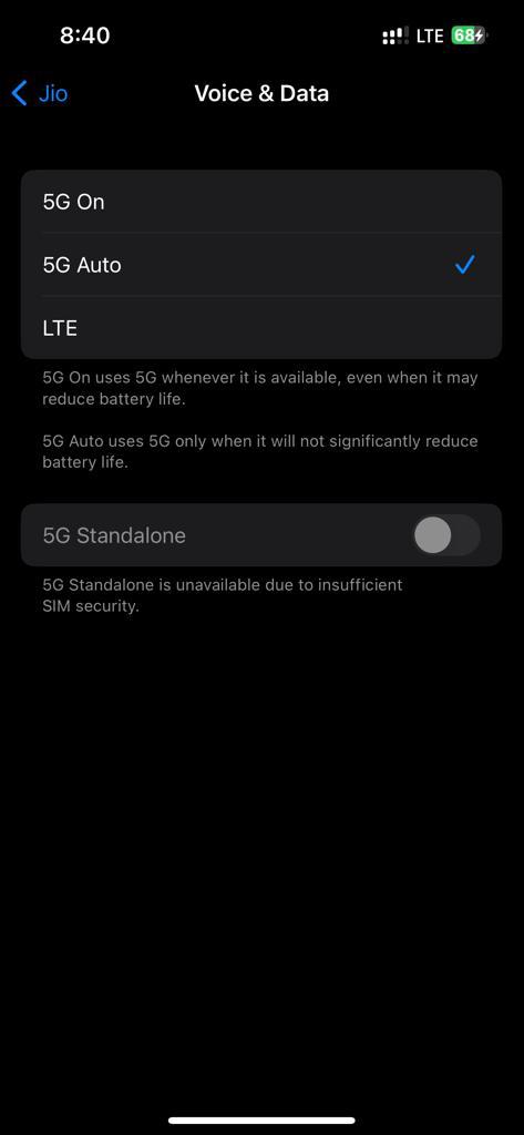 5G Standalone is unavailable due to insufficient SIM security