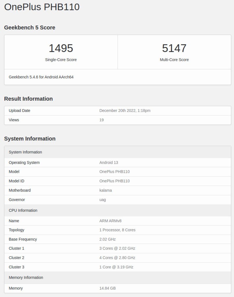 oneplus 11 5g specifications leak geekbench snapdragon 8 gen 2 android 13