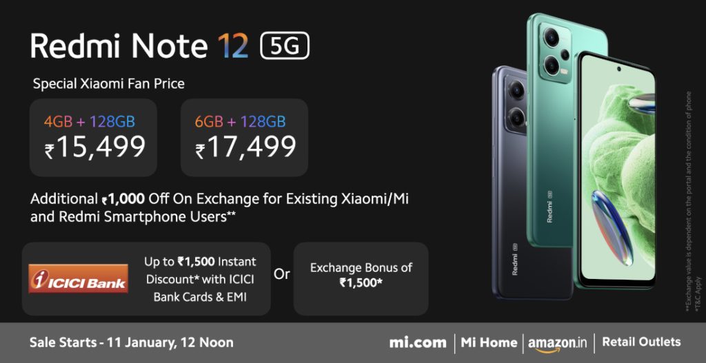 Redmi Note 12 5G with 6.67″ FHD+ 120Hz AMOLED display, Snapdragon 4 Gen 1,  5000mAh battery launched in India starting at Rs. 17999