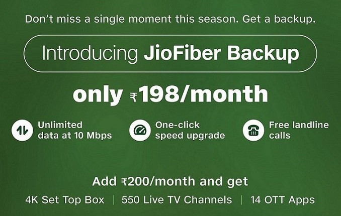 JioFiber Backup plan launched for Rs. 198