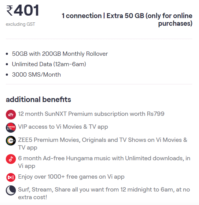 Vi Rs. 401 Max Postpaid plan with 1 year Sun NXT premium subscription ...