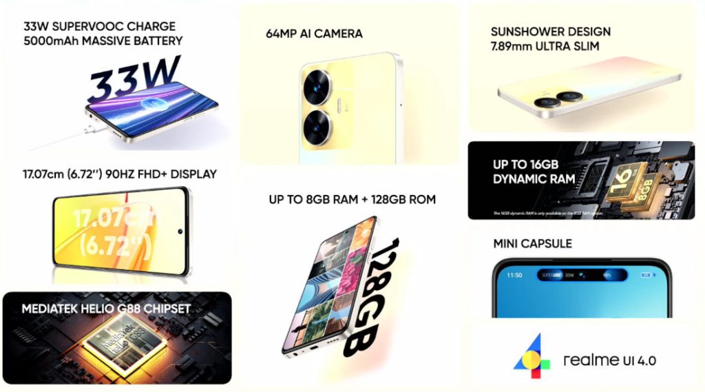 Realme C55 Smartphone MediaTek Helio G88 6,72'' FHD+ 90Hz Screen AI 64MP  Camera 33W SUPERVOOC Charge Cell Phone