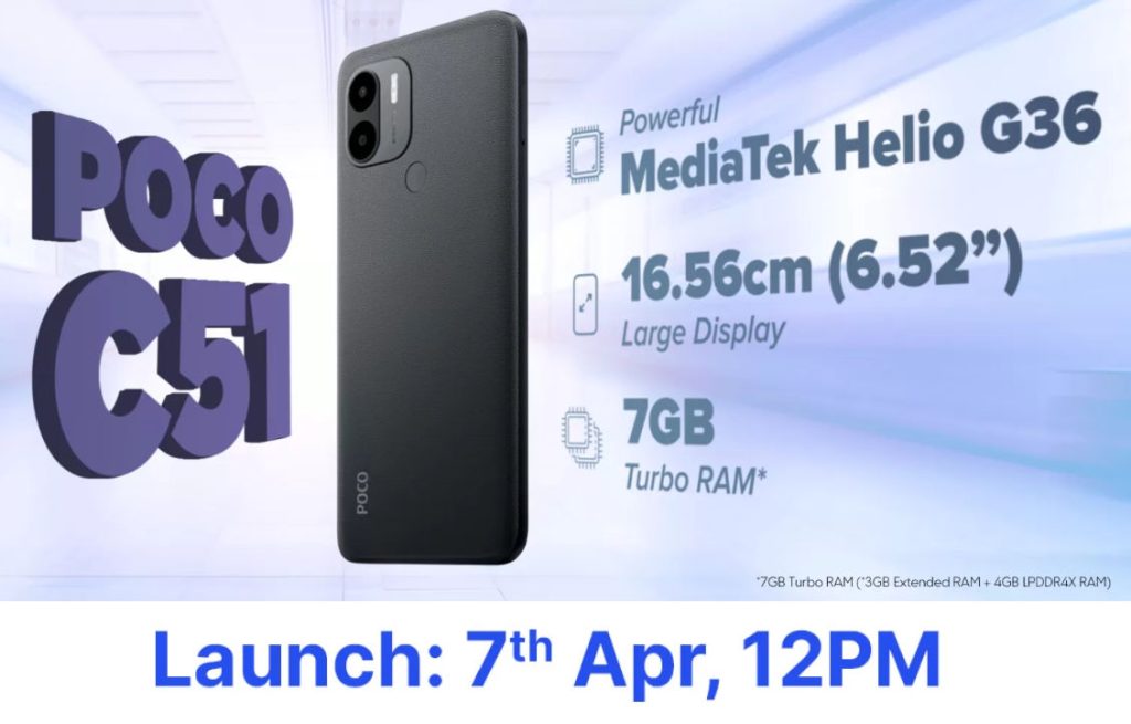 POCO C51 with 6.52″ display, Helio G36, 5000mAh battery launching in India  on April 7