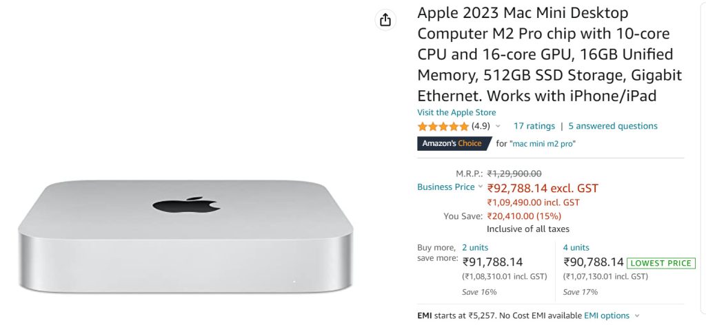 Amazon Business Deal : Apple 2023 Mac mini M2 Pro as low as ₹1,06,332, save over 18% on MRP