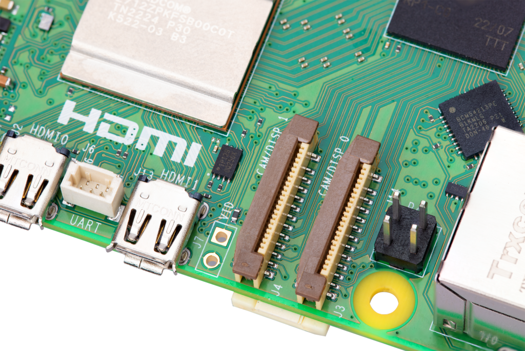 A close-up photograph of the Raspberry Pi 5 Internals that have been improved by the Southbridge silicon.