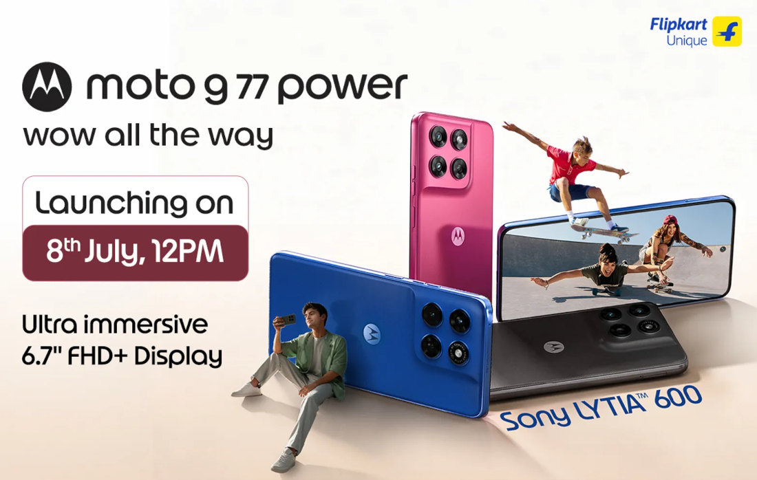 Motorola confirms July 8 launch for moto G77 Power, featuring 7,000mAh battery and 6.72" FHD+ 120Hz display; priced under ₹30,000.
