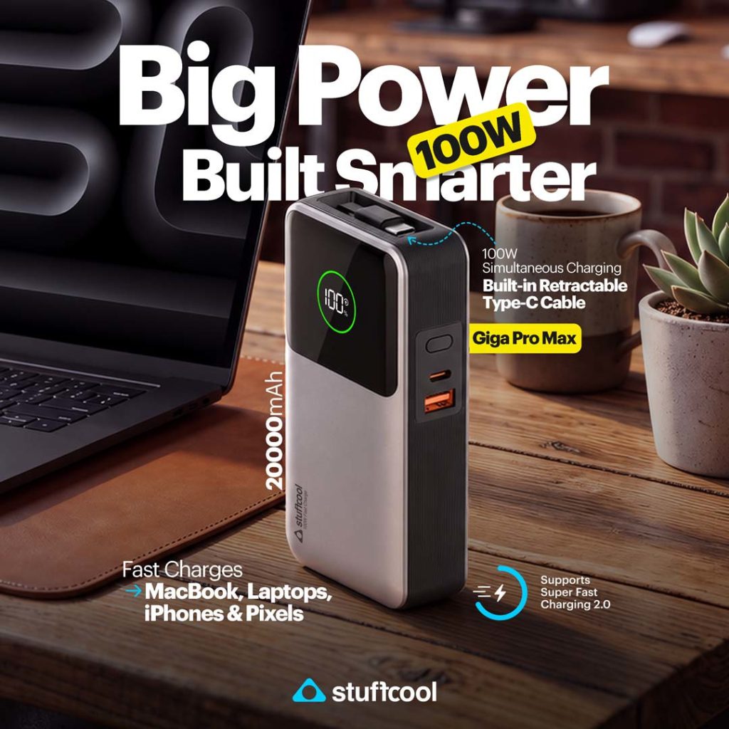 Stuffcool Giga Pro Max 20000mAh 100W Power Bank with built-in Type-C retractable cable launched